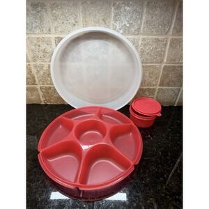 Tupperware Serving Center 6-Part Divided Party Veggie Snack & Dip Tray Red